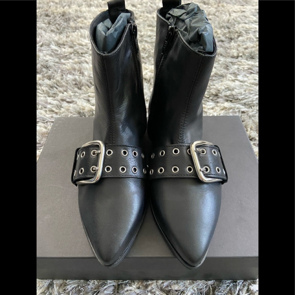 Barneys New York Leather Pointed Toe Buckle Boots